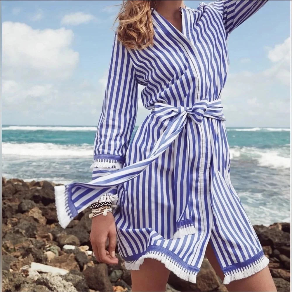 J. Crew Belted Cotton Poplin Tunic Dress 12 Blue White Striped Tassel Trim GUC